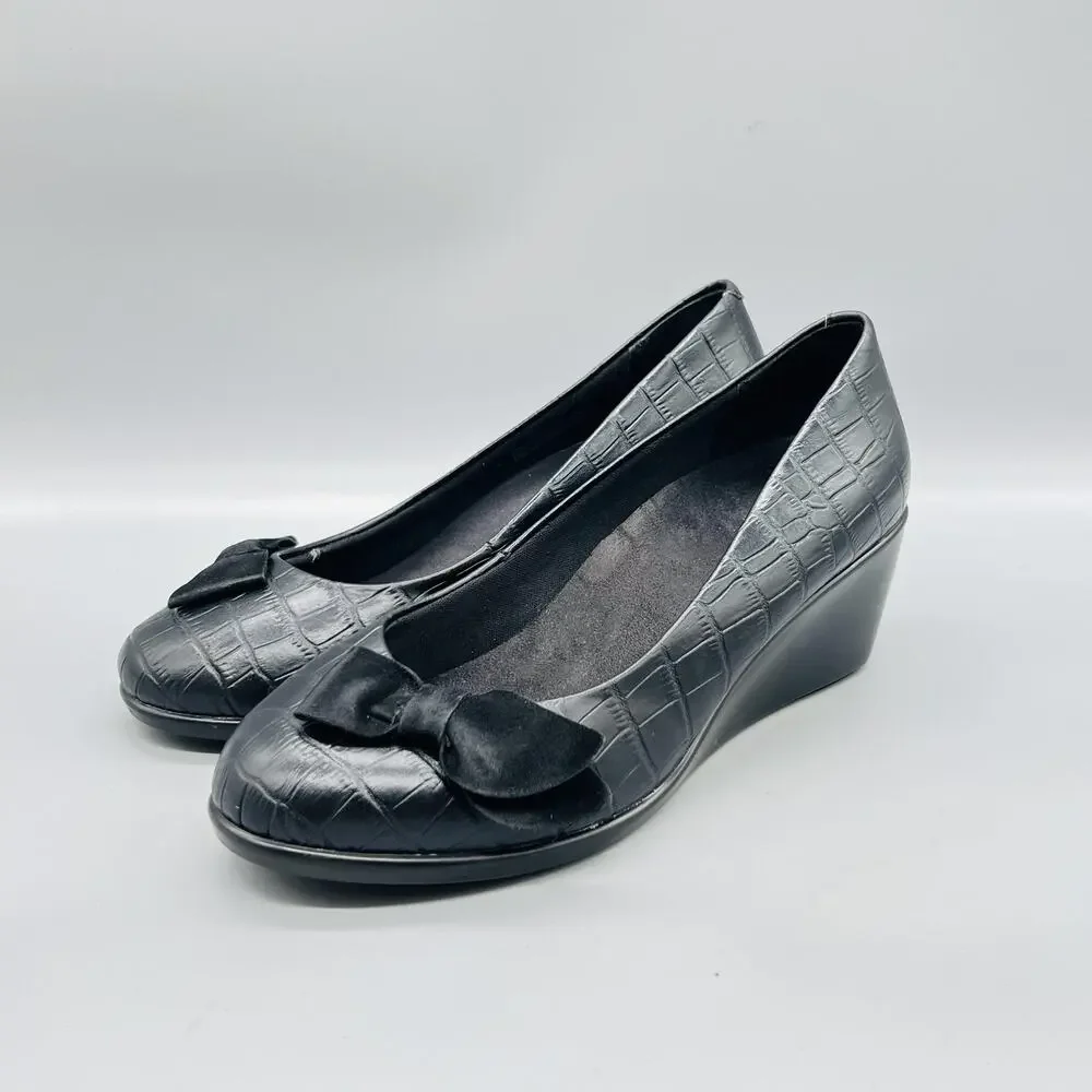 Vionic Shoes Women 9 Black Croc Lena Wedge Bow Pumps Round Toe Slip On
